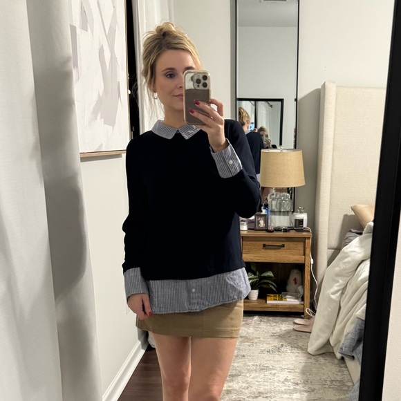 Navy Preppy Style Blouse / Attached Pin Stripe Sleeves & Collar - Picture 4 of 11